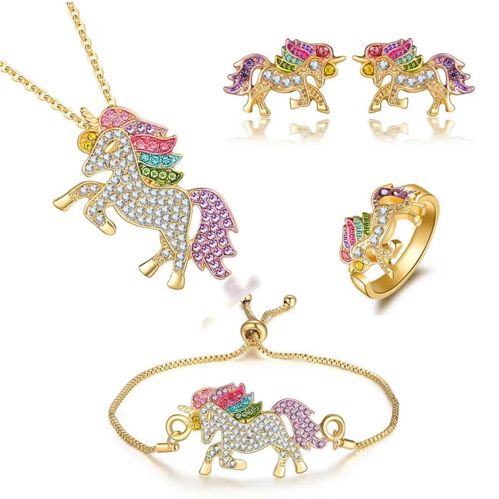 4pc Unicorn Girl’s Pendant Necklace, Bracelet, Earrings & Ring Set